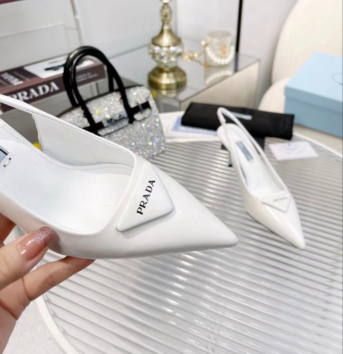 Prada Triangle Logo Slingback Pumps