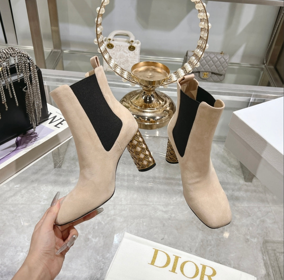 Dior Heeled Chelsea Ankle Boots – Beige Suede / Gold