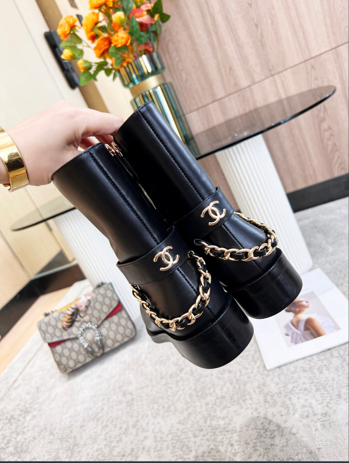 CHANEL CC CHAIN MID-CALF BOOTS – BLACK / GOLD