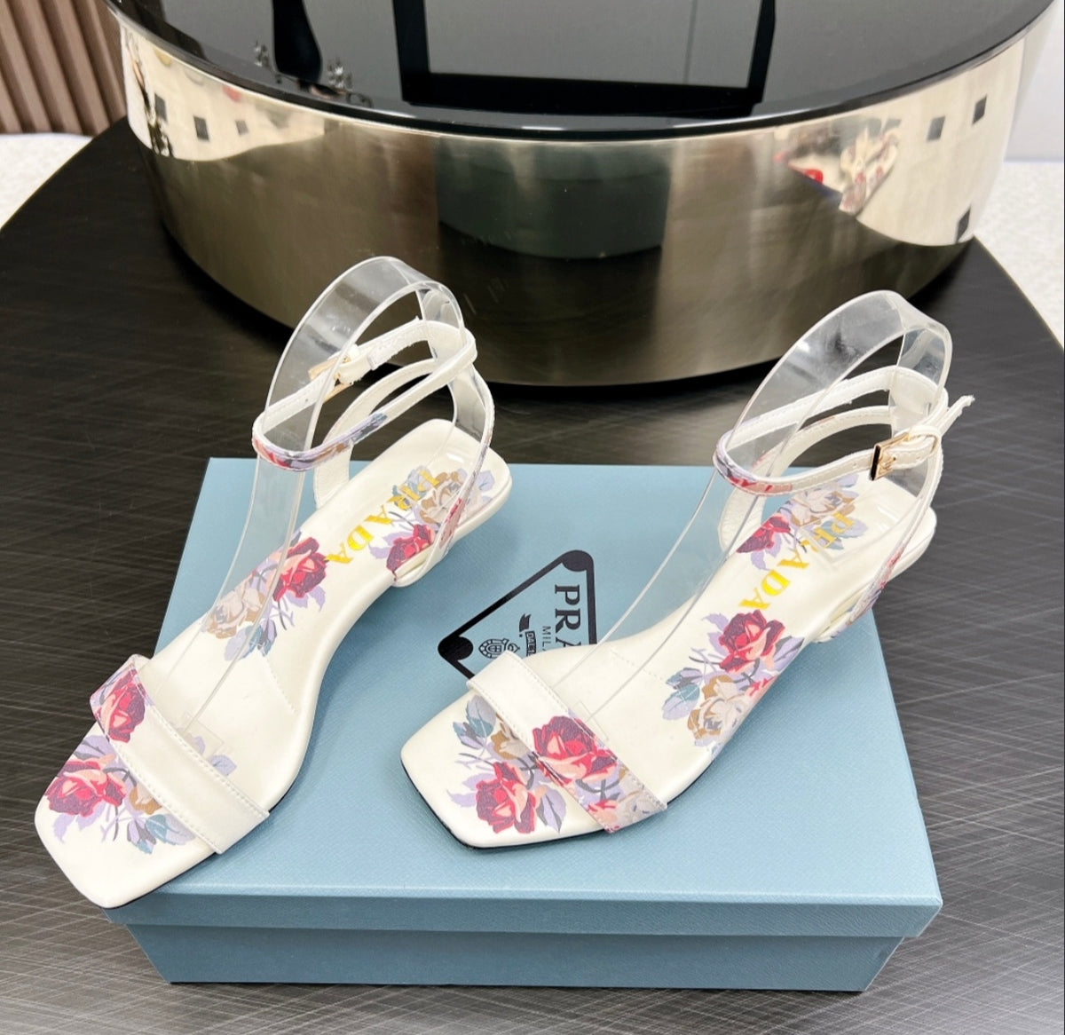 Prada Floral Print Block-Heel Sandal