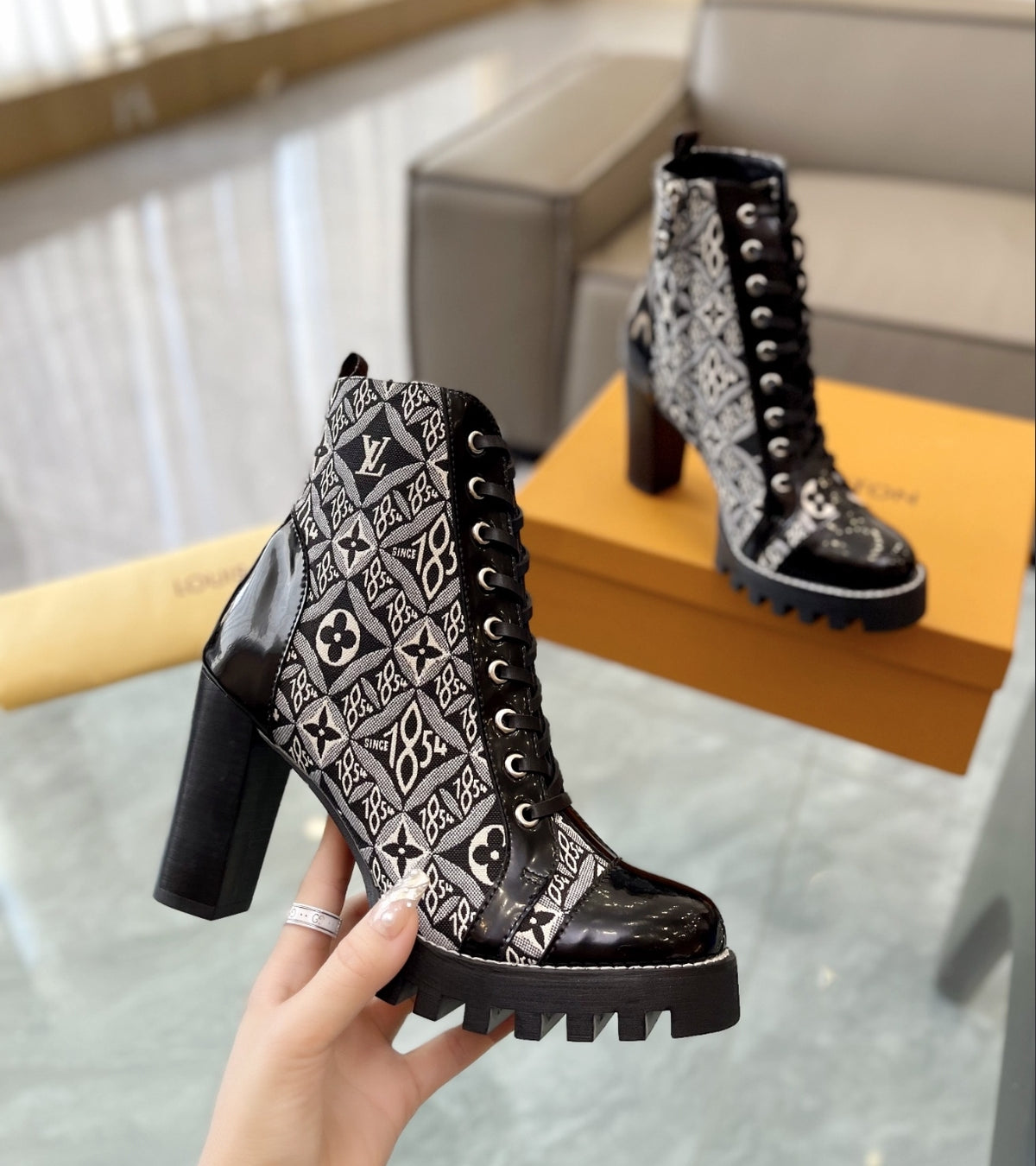 LOUIS VUITTON SINCE 1854 LACE-UP HEELED BOOTS – BLACK / GREY
