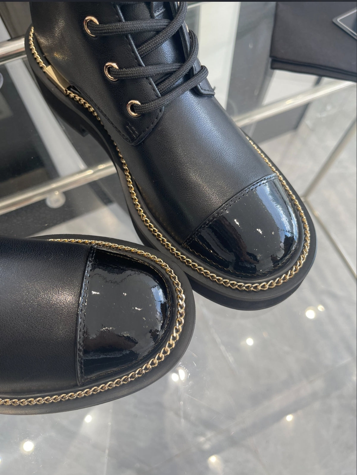 CHANEL CHAIN-TRIM LACE-UP ANKLE BOOTS – BLACK / GOLD